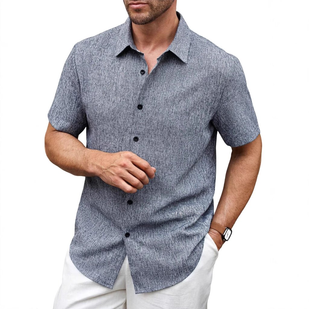 Solid Color Short Sleeve Button-Down Shirt for Men, Loose Fit, Breathable Business Casual Top
