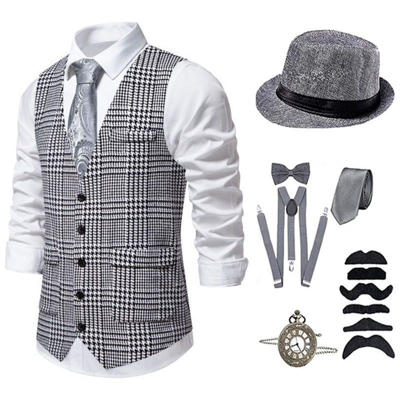 Men's Black and White Checkered Single-Breasted Vest Suit Set Business Casual Suit Stage Performance Clothing